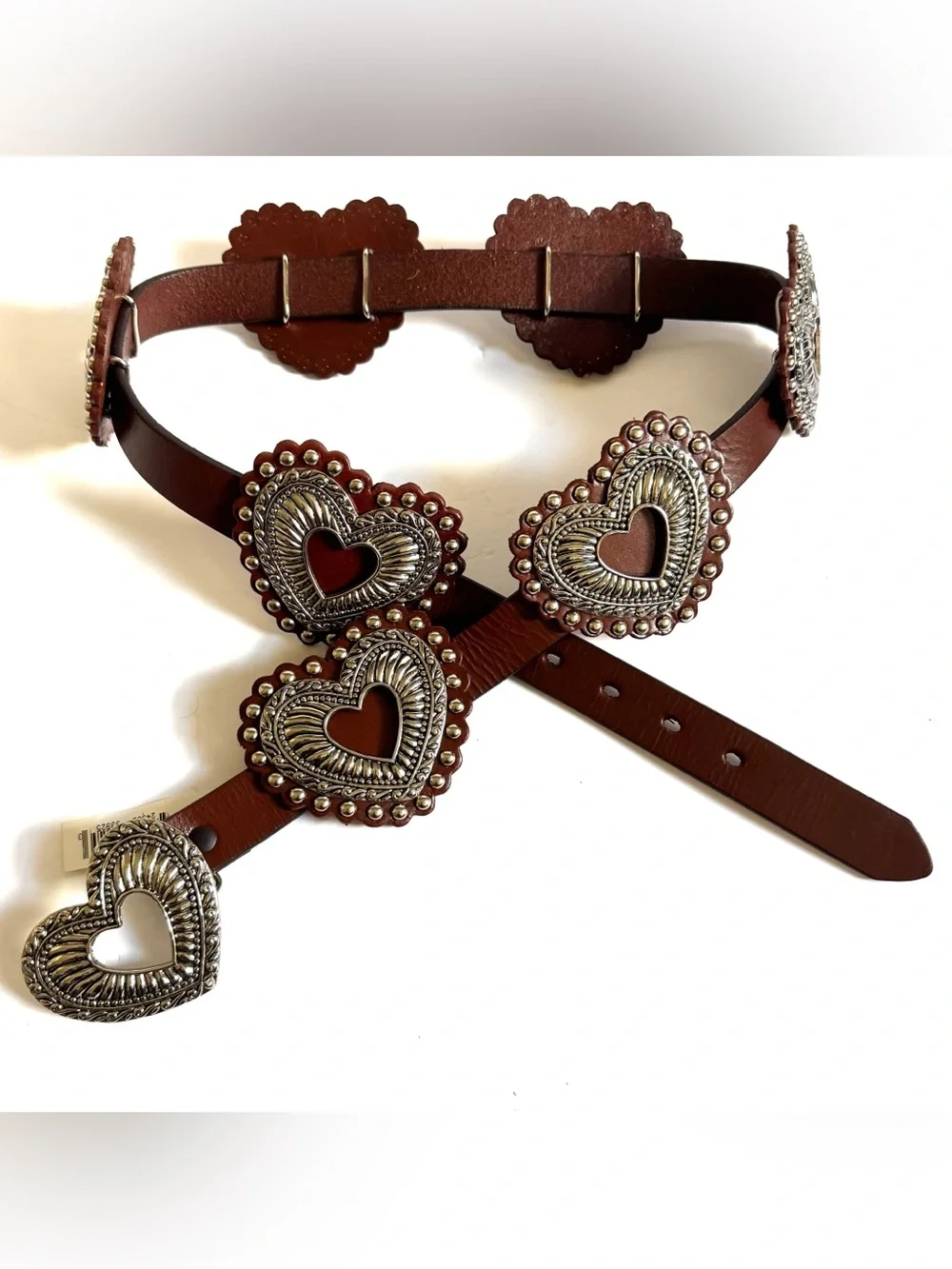 Roper Gem Dandy Brown Leather Silver Heart Concho Statement Belt XL Western Boho